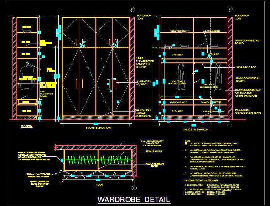 Wardrobe CAD Drawing- 4 Shutters, Storage, and Material Specs